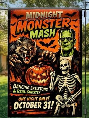Midnight Monster Mash Halloween Garden Flag Werewolf Frankenstein Skeleton